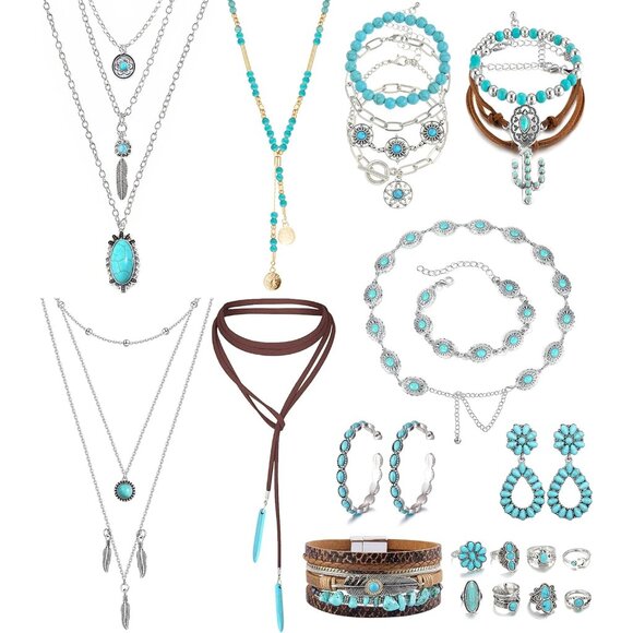 Western Turquoise Jewelry Set: Layered Necklaces, Rings, and Earrings for Women - Picture 1 of 7
